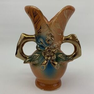 Vintage Floral Flower Double Handle Ceramic Vase Orange, Gold Gilt, Turquoise